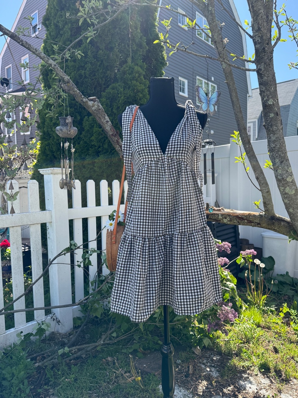 Cottagecore Brown & White Gingham Tiered Tie Sleeve Mini Dress | Sz. S